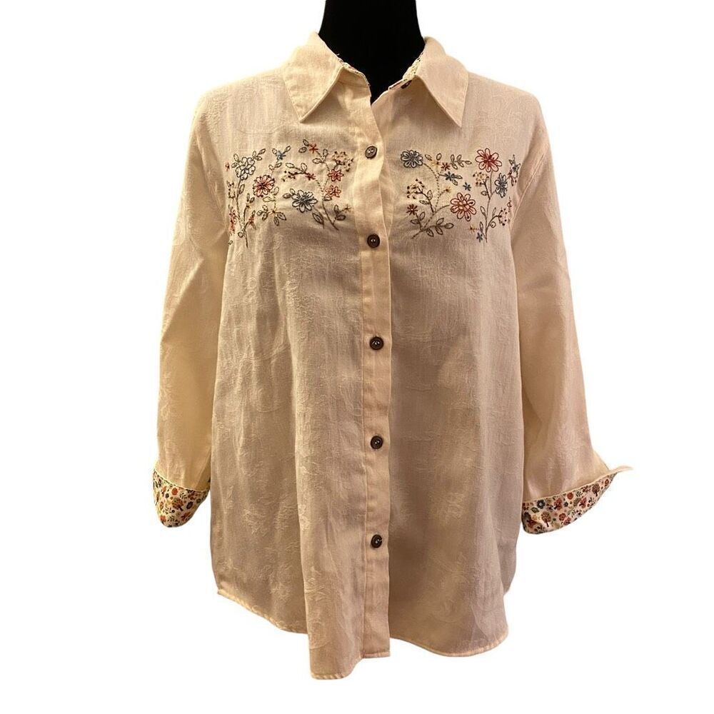 Alfred Dunner Cream Floral Embroidered‎ Button Down Top Sz 18